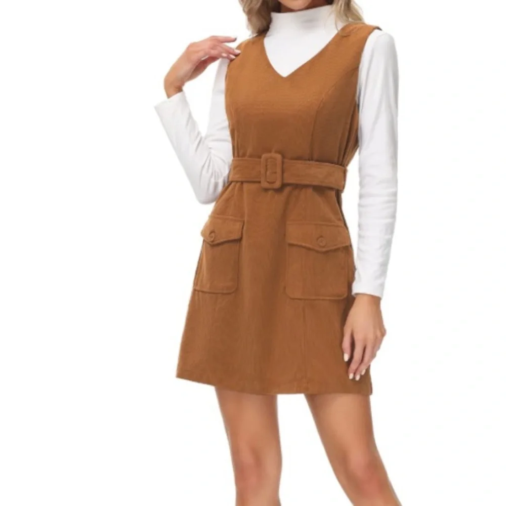 NWT Kancy Kole Brown Corduroy Pinafore Dress with Belt & Pockets - Picture 7 of 14
